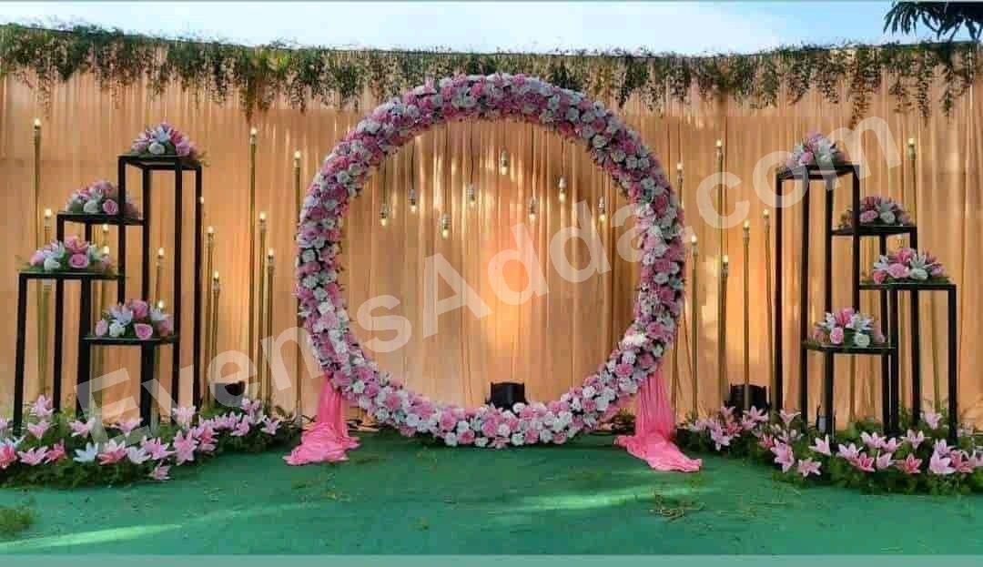 pink-floral-circular-arch-wedding-stage-decoration in Malaysia