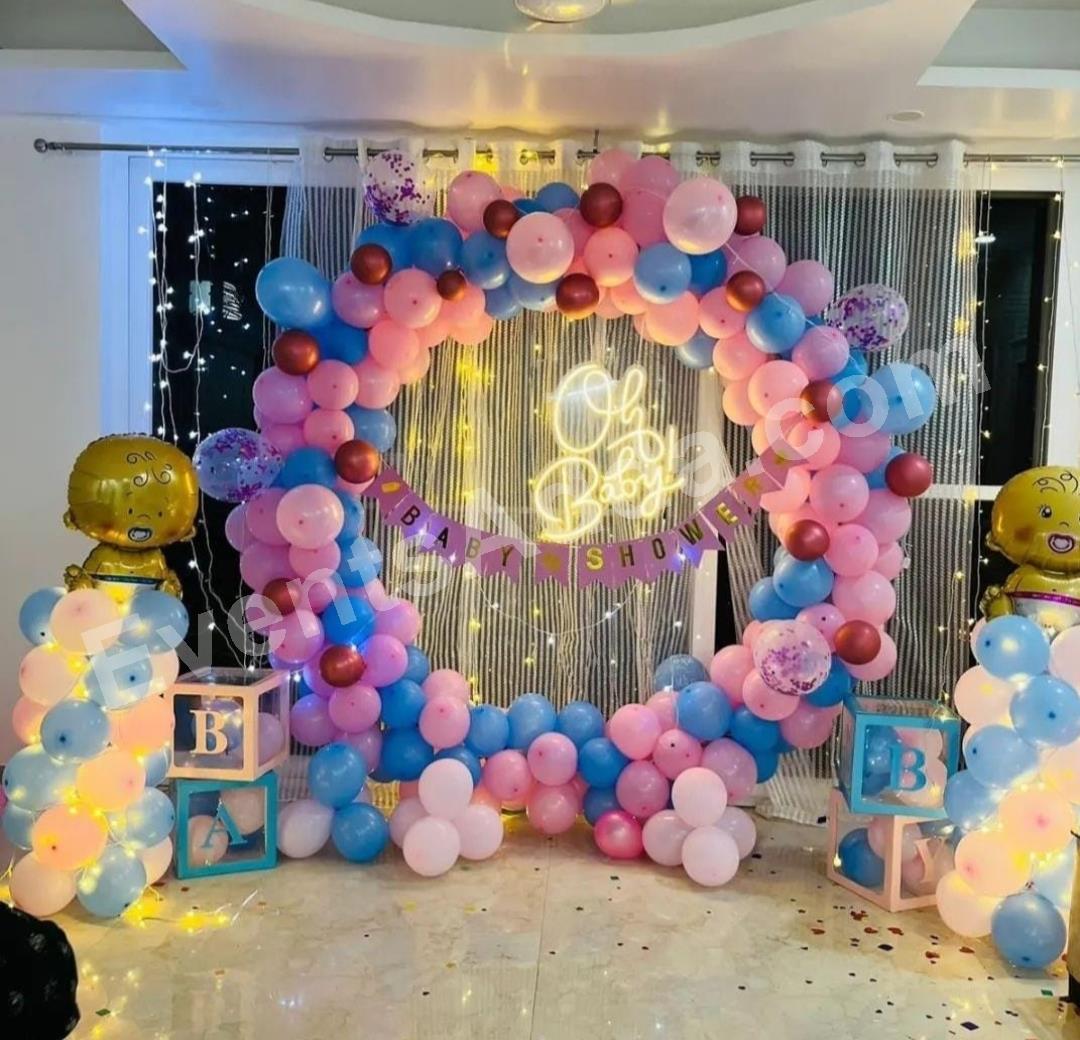 Premium Baby Shower Balloon Ring Decoration with Oh Baby Neon Sign Decoration in Pune