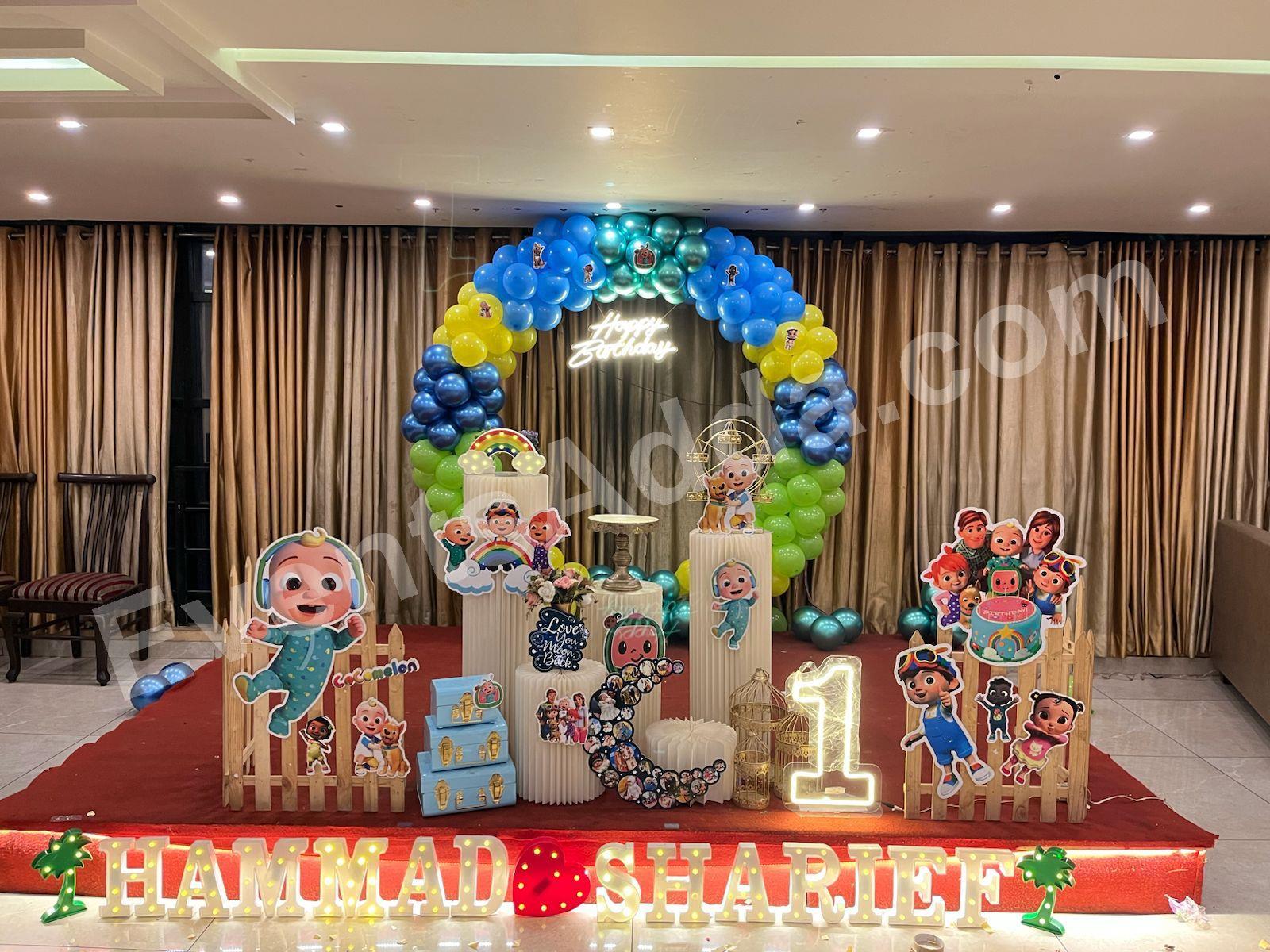 premium-cocomelon-theme-first-birthday-balloon-decoration Decoration in =Hyderabad