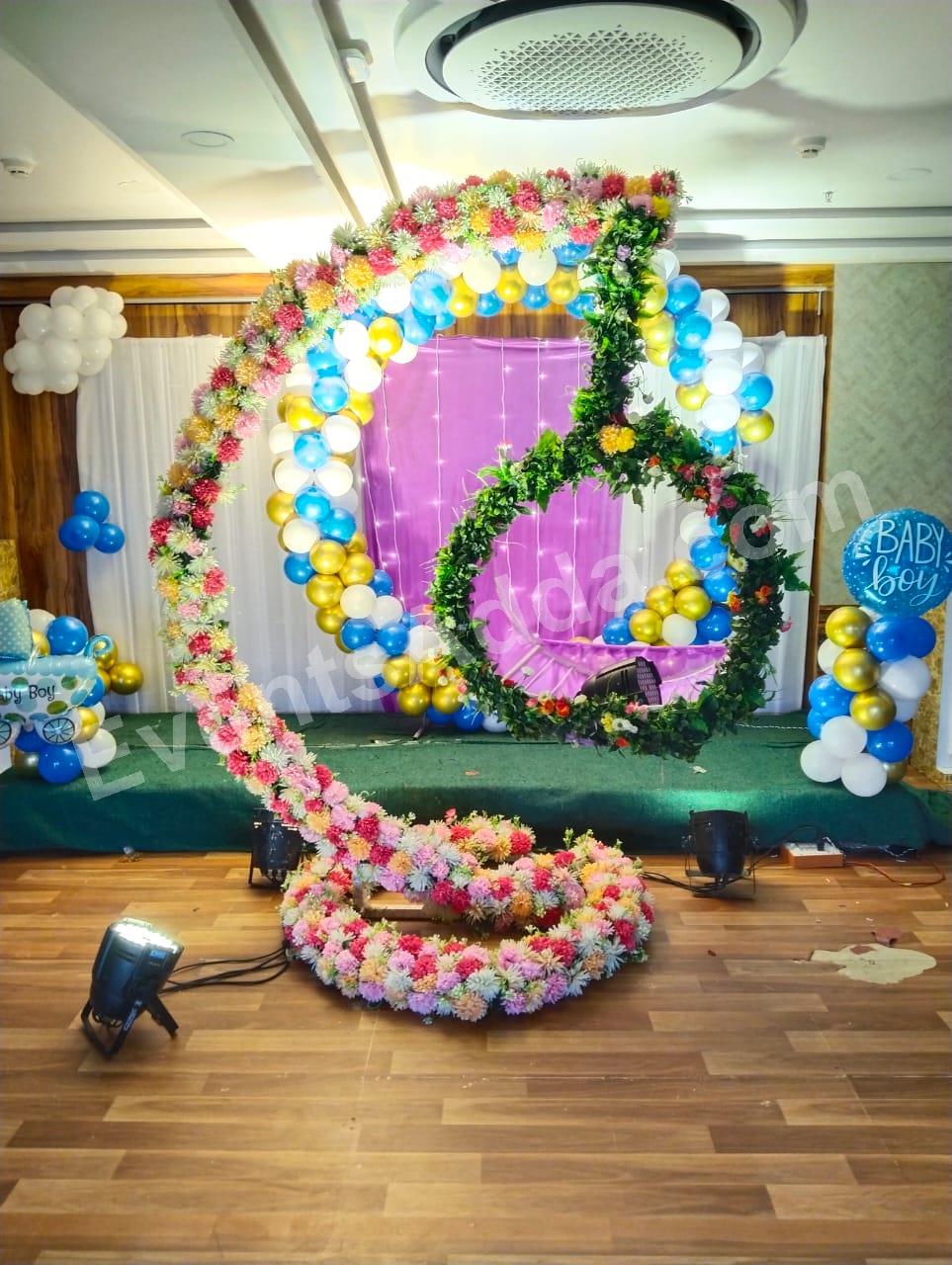 premium-floral-moon-cradle-ceremony-decoration-with-balloon-accents in Hyderabad