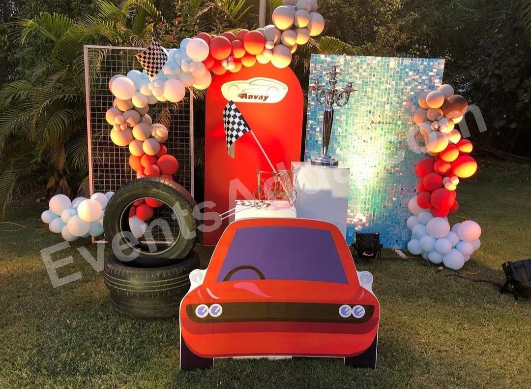 premium-race-car-theme-birthday-decoration-with-shimmer-backdrop in Vijayawada