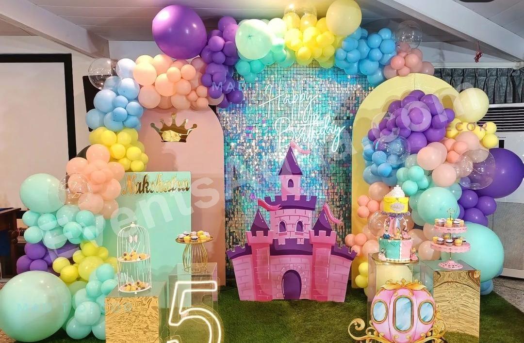 princess-castle-rainbow-birthday-stage-decoration in Vijayawada