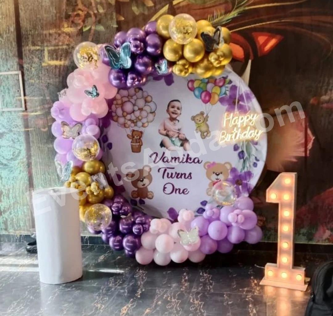 purple-teddy-bear-first-birthday-decoration in Nagarkurnool