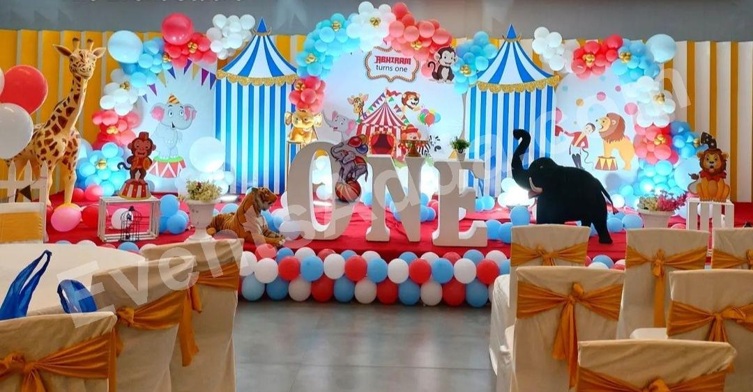 royal-circus-carnival-first-birthday-decoration in Narayanpet