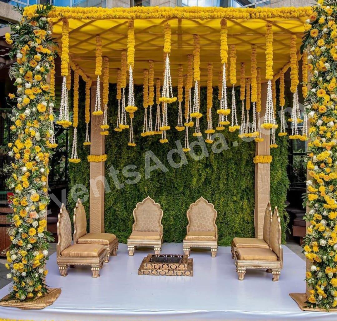 Royal Floral Mandap Seating Decoration with Hanging Jasmine Garlands Decoration in Peddapalli
