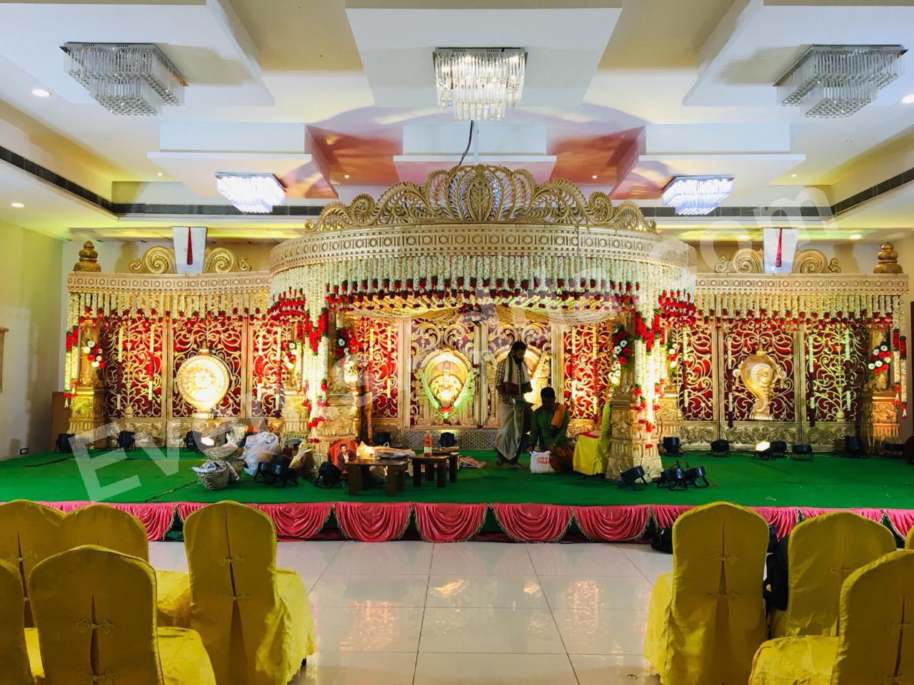 royal-gold--red-floral-mandap-stage-decoration in Bangalore