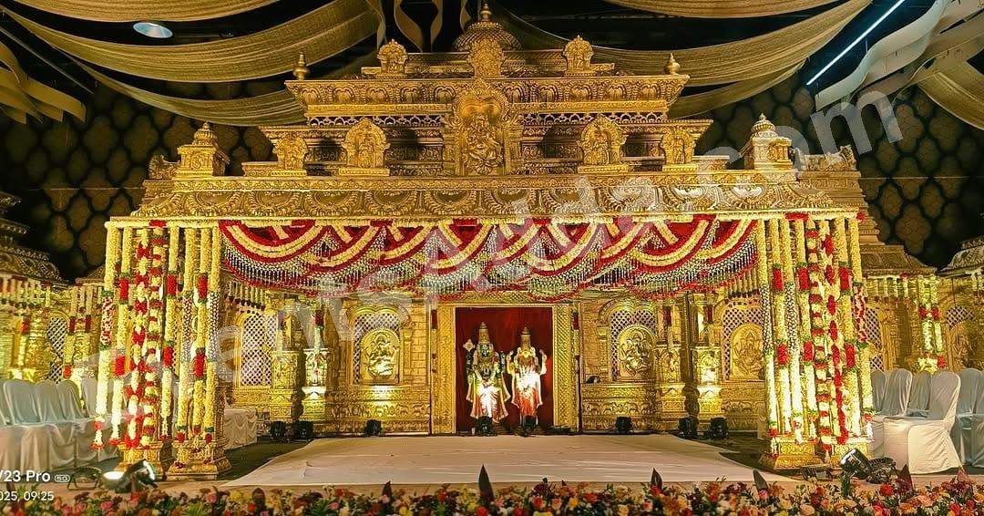 royal-gold-temple-inspired-wedding-stage-decoration Decoration in udaipur