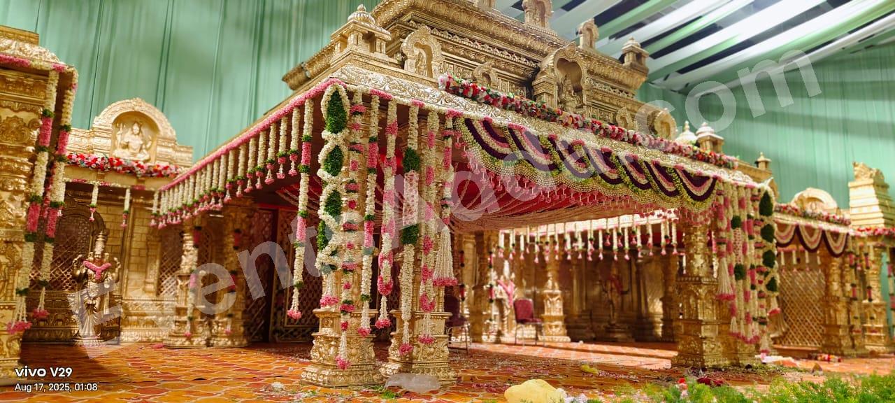 royal-gold-temple-style-floral-wedding-stage-decoration in Hyderabad