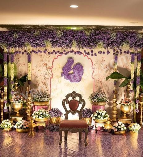 royal-lavender-floral-engagement-stage-decoration in Siddipet