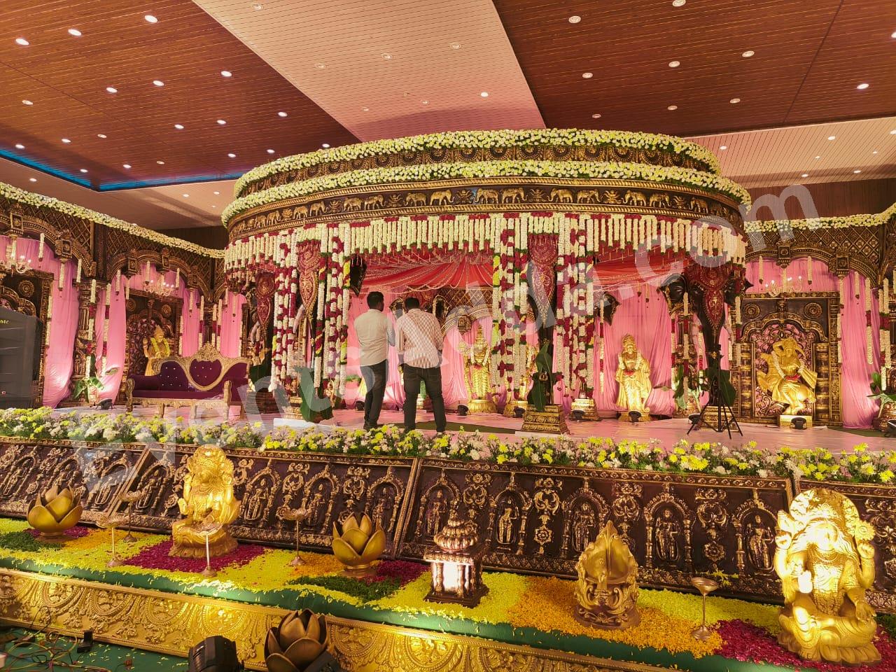 royal-pink--gold-traditional-wedding-stage-decoration in Vizag
