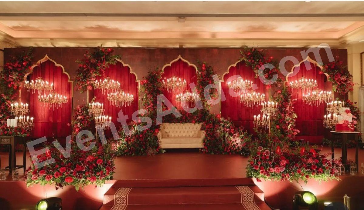 royal-red-floral-reception-stage-decoration in Warangal Rural