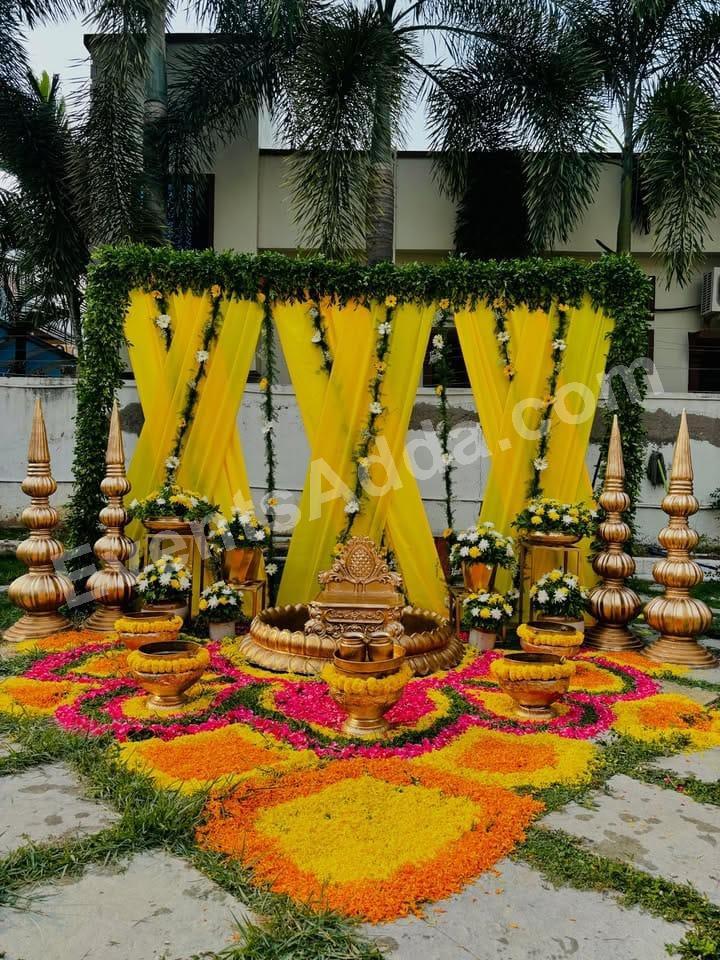 royal-yellow-draped-haldi-ceremony-decoration Decoration in =Hyderabad