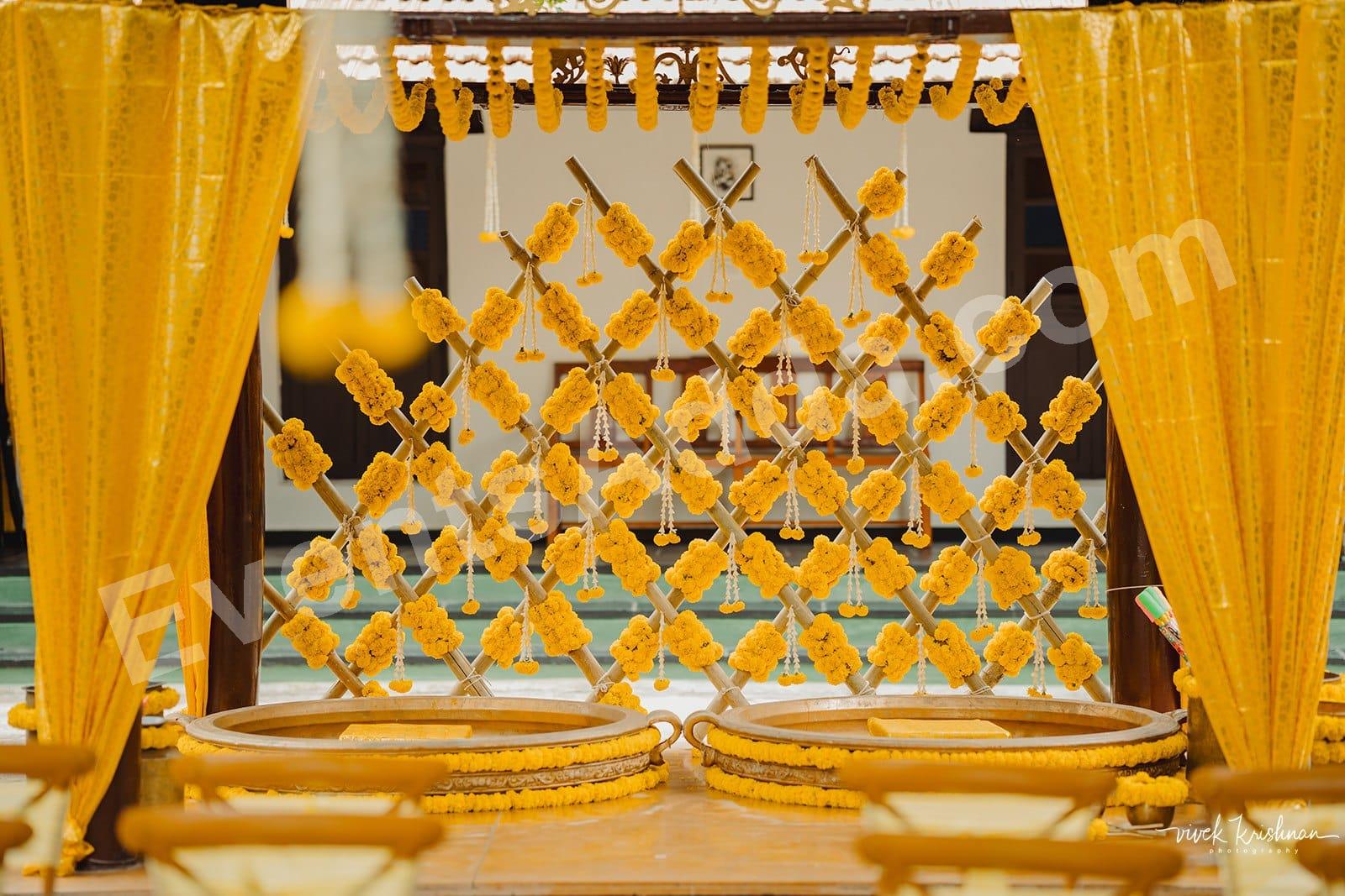 Rustic Marigold Haldi Ceremony Bamboo Backdrop Decoration Decoration in Peddapalli