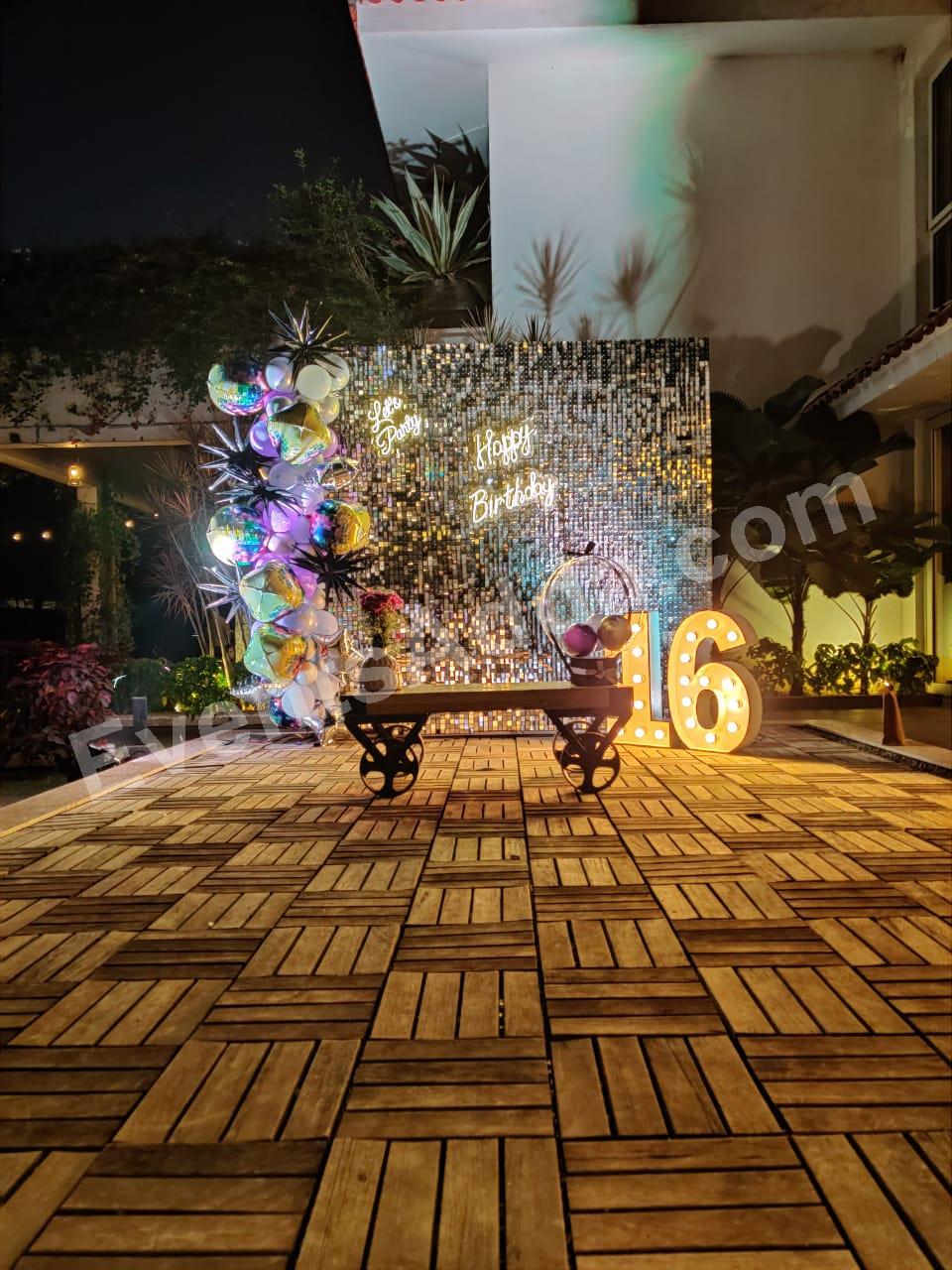 silver-shimmer-sweet-16-birthday-backdrop-decoration in Vijayawada