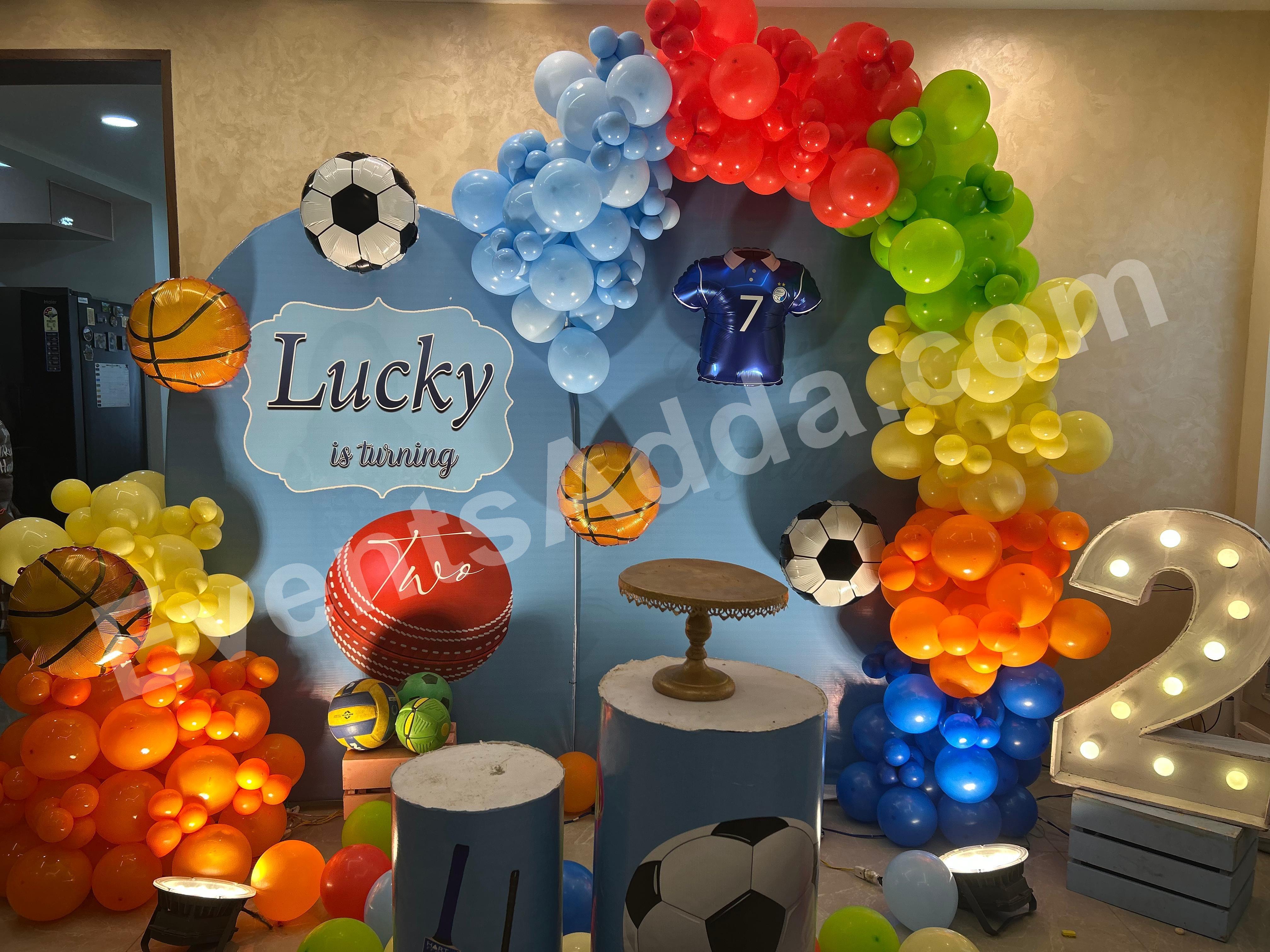 sports-theme-2nd-birthday-balloon-stage-decoration in Ahmedabad