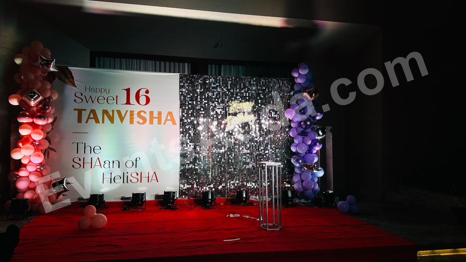 sweet-16-shimmer-birthday-backdrop-decoration in Vijayawada