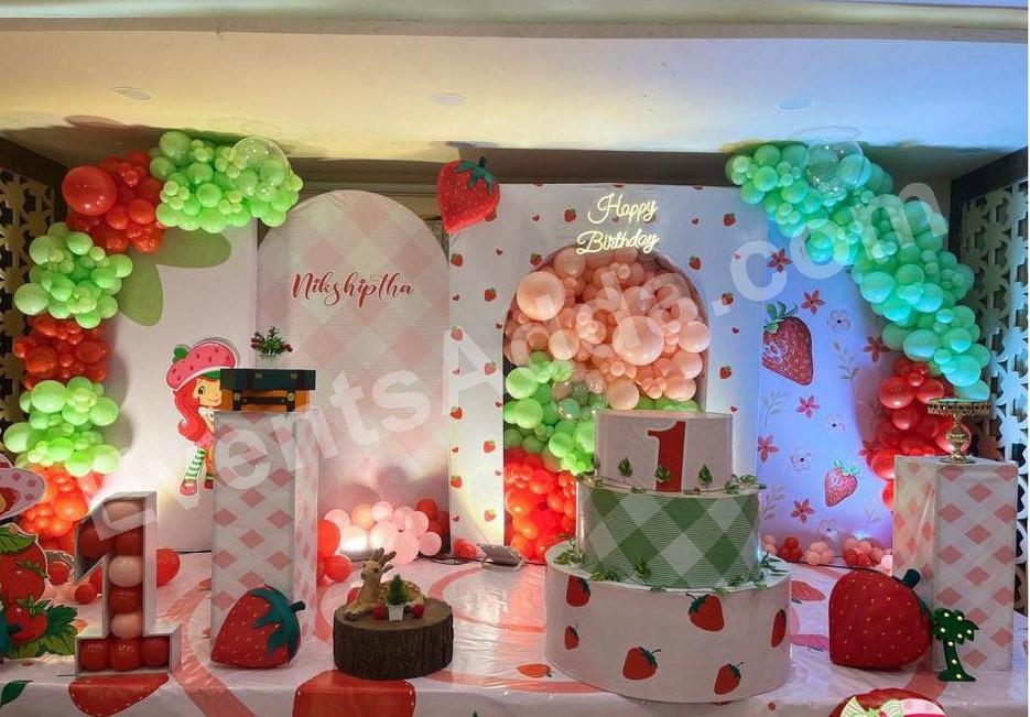 sweet-strawberry-first-birthday-decoration Decoration in =Hyderabad