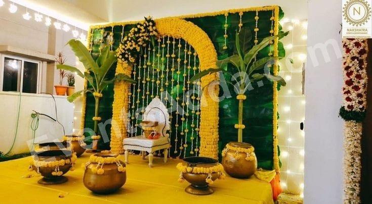 traditional-banana-leaf-haldi-stage-decoration in Siddipet