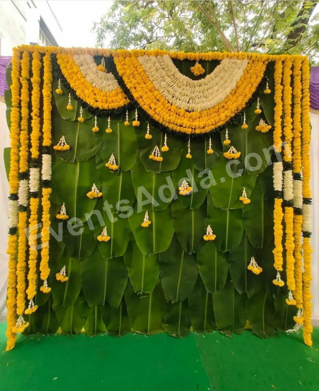 Traditional Banana Leaf Marigold Floral Backdrop Decoration Decoration in Siddipet