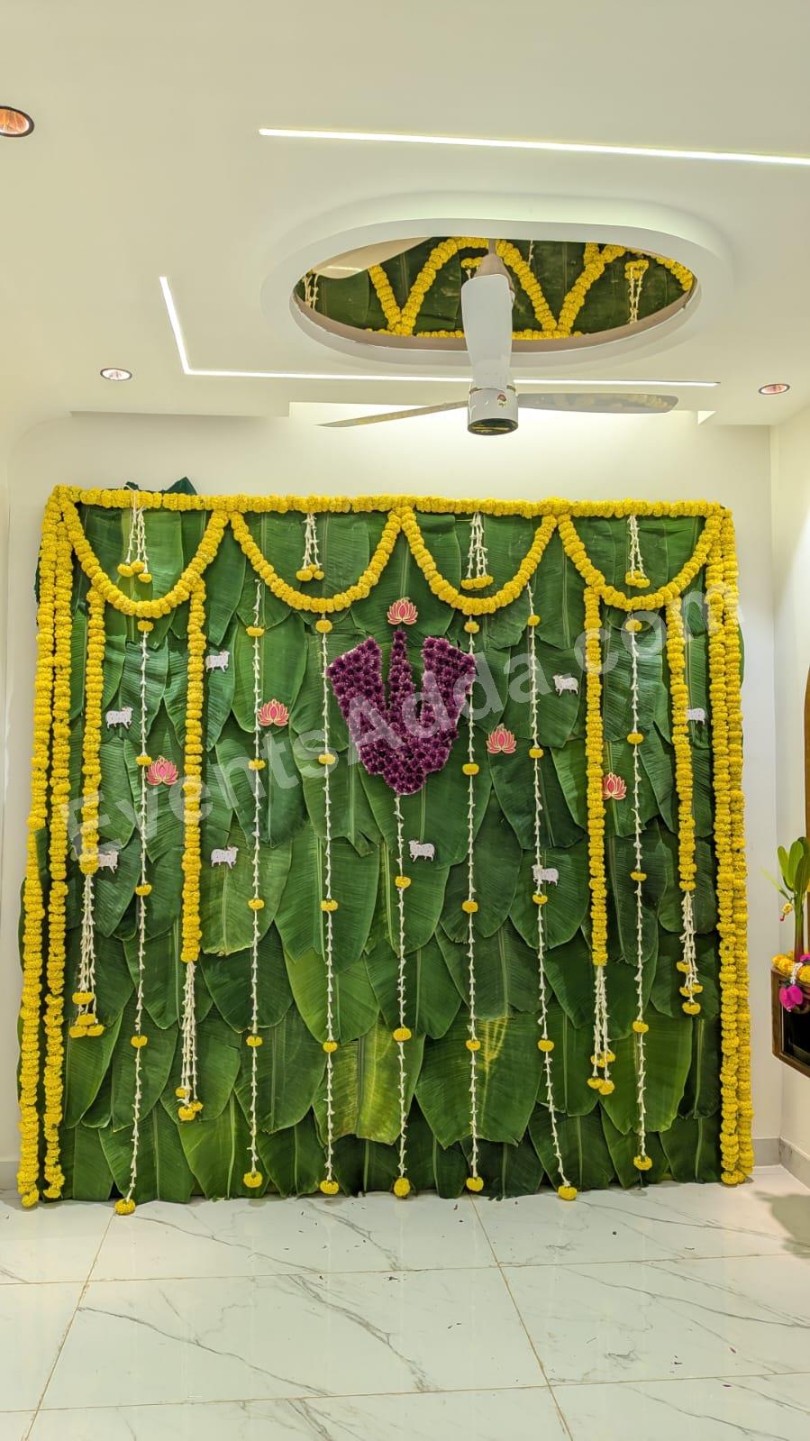 traditional-banana-leaf-vaishnav-tilak-flower-backdrop-decoration in Thailand