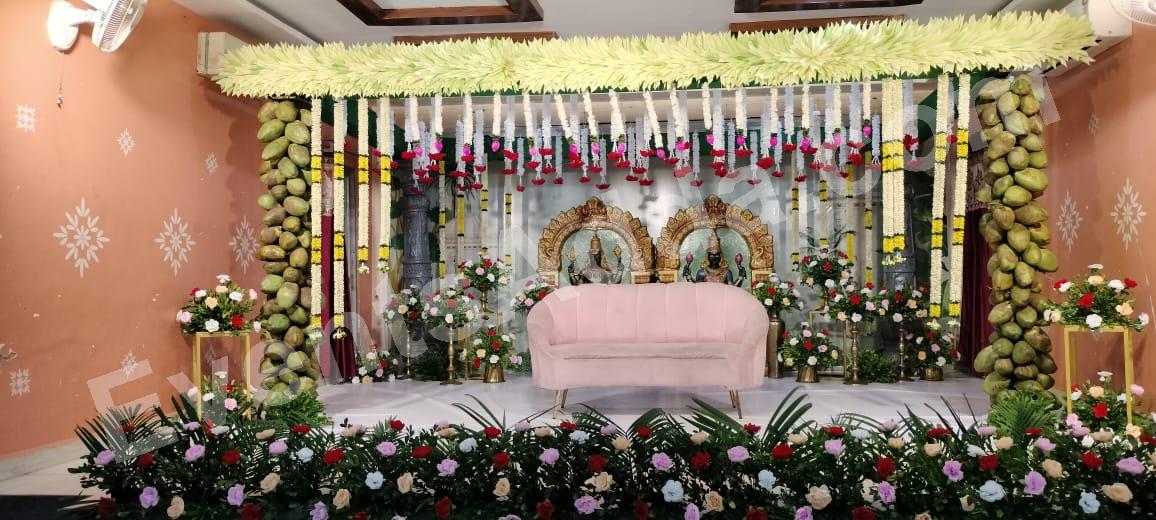 traditional-coconut-pillar-wedding-stage-decoration in Peddapalli