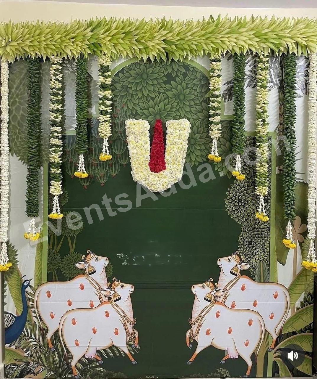 Traditional Green Leaf & Floral Vaishnav Backdrop Decoration in Udaipur