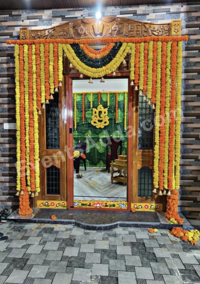 Traditional Marigold Door Entrance Decoration with Floral Swags Decoration in Jaipur