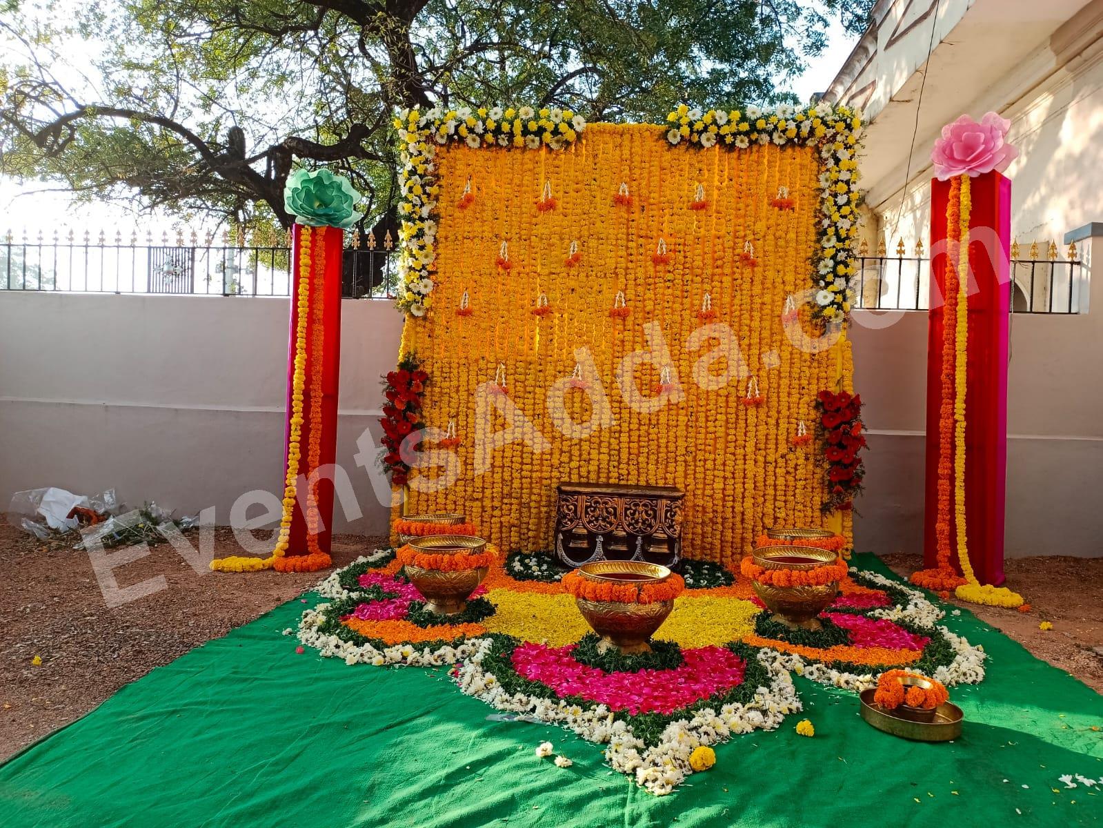 traditional-marigold-floral-haldi-backdrop-decoration in Bangalore