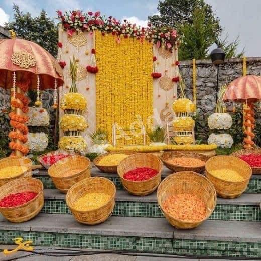 traditional-marigold-floral-haldi-stage-decoration in Udaipur