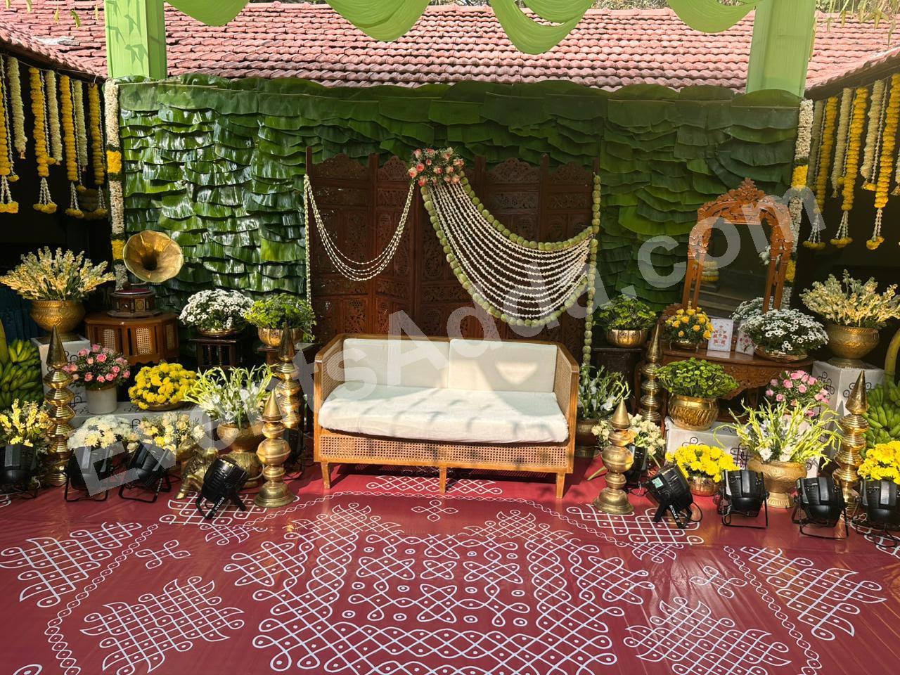 Traditional South Indian Banana Leaf Haldi Stage Decoration Decoration in Siddipet