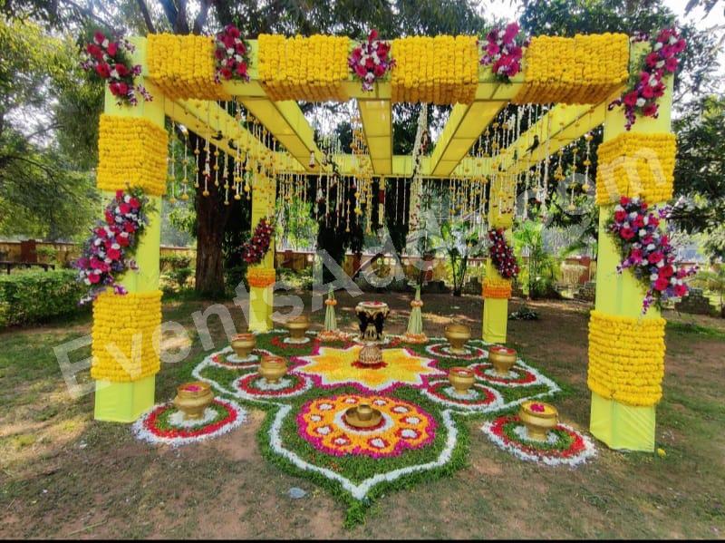 traditional-yellow-marigold-canopy-haldi-decoration in Bangalore