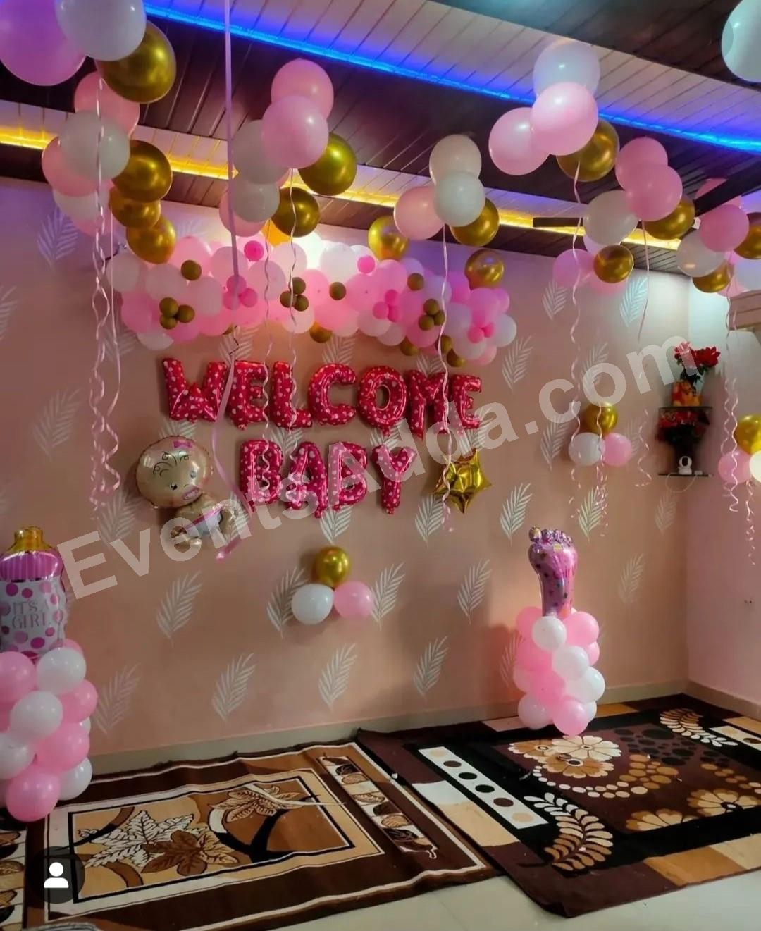 Welcome Baby Girl Balloon Decoration with Ceiling Balloons Decoration in Pune