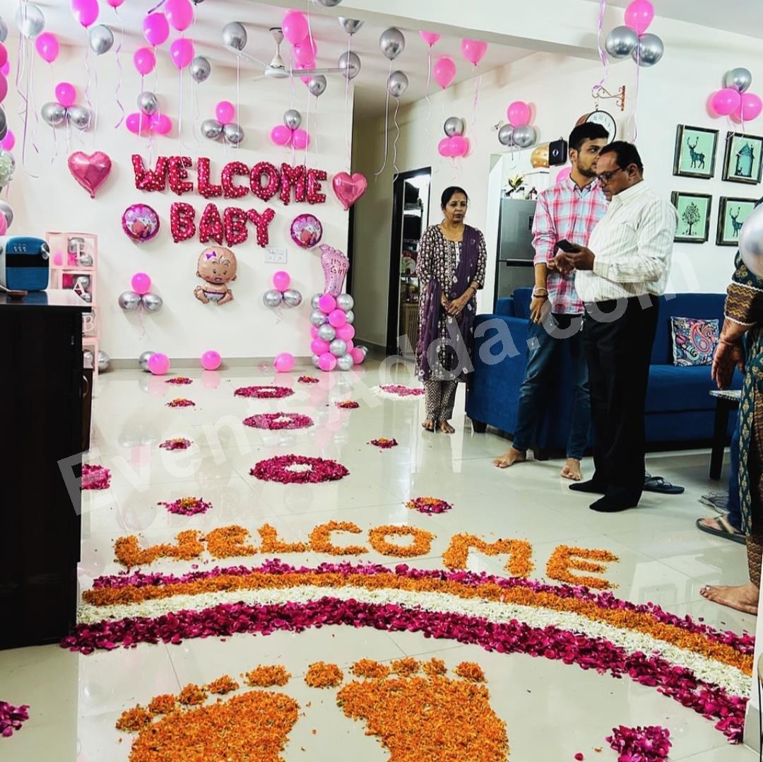 Welcome Baby Girl Floral Entrance Decoration with Balloon Welcome Backdrop Decoration in Pune